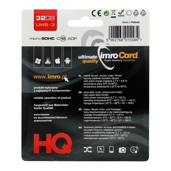 Imro - Imro Minneskort MicroSD 32GB Med Adapter Klass 10 UHS 3