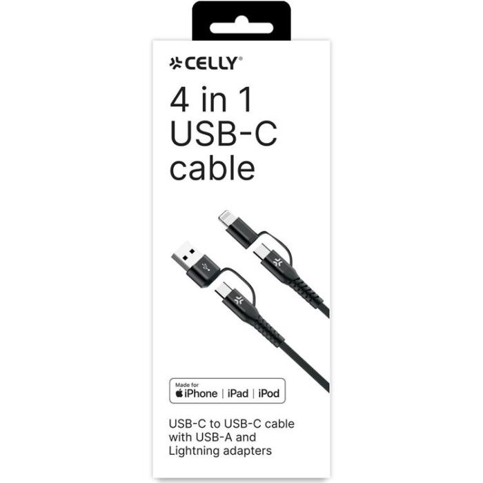 Celly - CELLY 4-i-1 USB-C till USB-C, Lightning Max 60W 2m - Svart