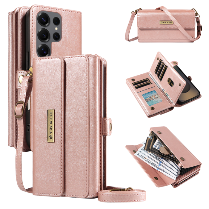 YIKATU - YIKATU Galaxy S25 Ultra Plånboksfodral Zipper Läder - Roséguld