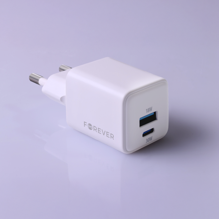 Forever - Forever Snabbladdare USB-A - USB-C 30W GaN PD QC - Vit