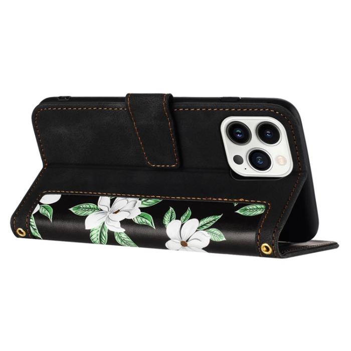 A-One Brand - iPhone 15 Pro Max Plånboksfodral Flower Pattern - Svart