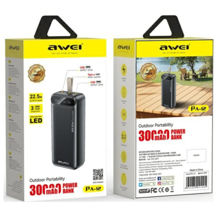 Awei - Awei Powerbank 30000mAh 22.5W PA-12 - Svart