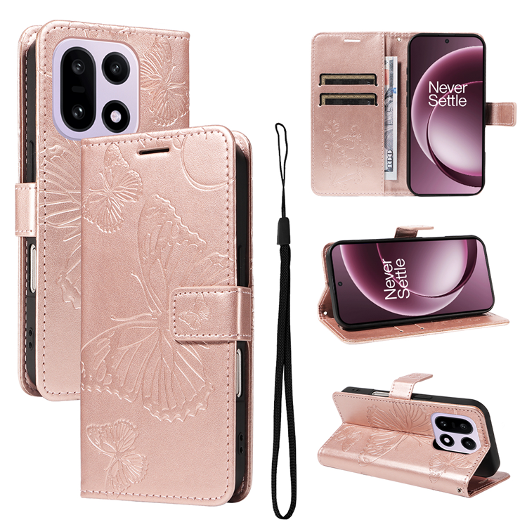 OnePlus 15 Konstläder Plånboksfodral Floral Butterfly Imprinted (Roséguld) | 2353 | AlltMobil