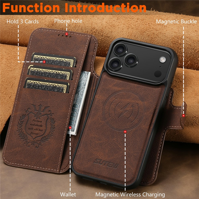 SUTENI - SUTENI iPhone 17 Pro Plånboksfodral Detachable Q-05 - Brun