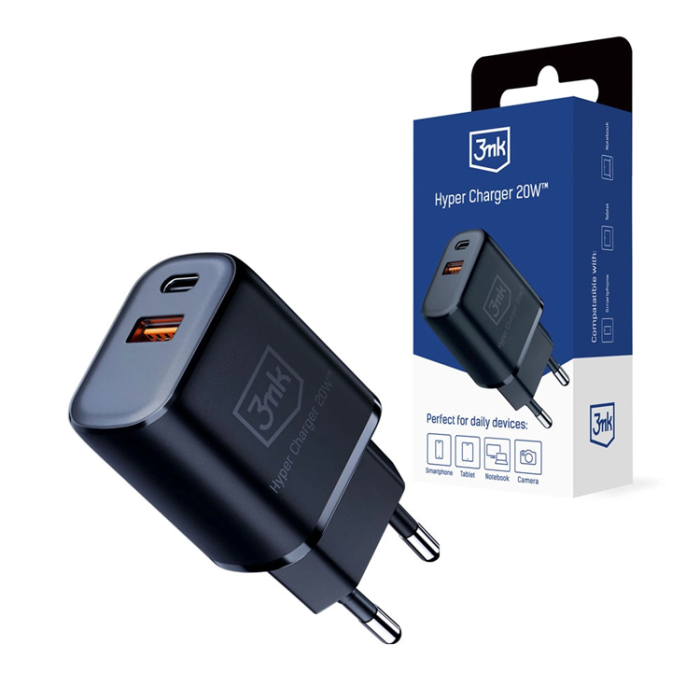 3MK - 3MK Väggladdare 20W USB-C USB-A Hyper - Svart