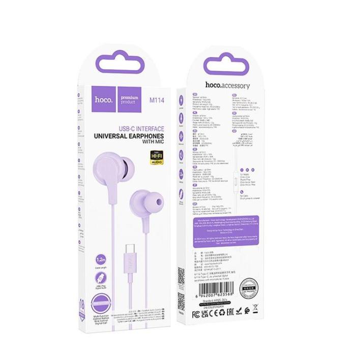 Hoco - HOCO Trådbundna Hörlurar USB-C Kabel 1.2m Mikrofon M114 Lila