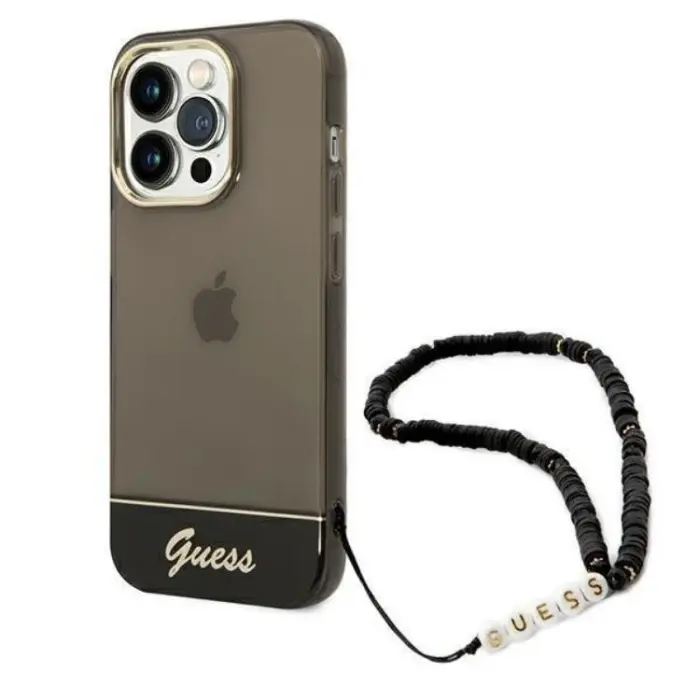 Guess - GUESS iPhone 14 Pro Max Skal Translucent Pearl Strap - Svart