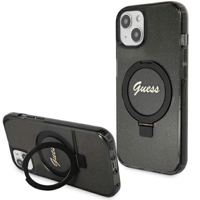 Guess - Guess iPhone 15/14 Plus Mobilskal Magsafe Ringställ Script Glitter - Svart