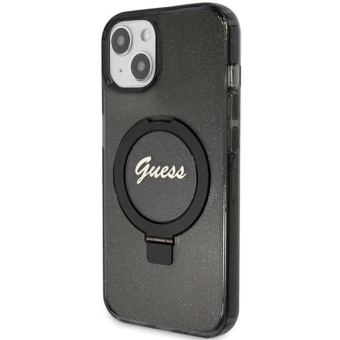 Guess - Guess iPhone 15/14 Plus Mobilskal Magsafe Ringställ Script Glitter - Svart
