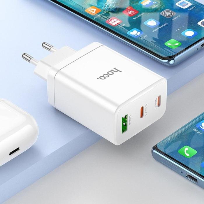 Hoco - Hoco Väggladdare 35W 2xType C + USB A med Typ-C Kabel 1m - Vit