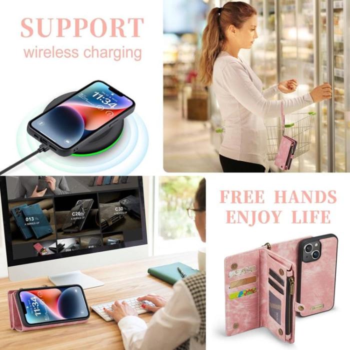 Caseme - CASEME iPhone 14 Plus Plånboksfodral Äkta Läder Detachable - Rosa