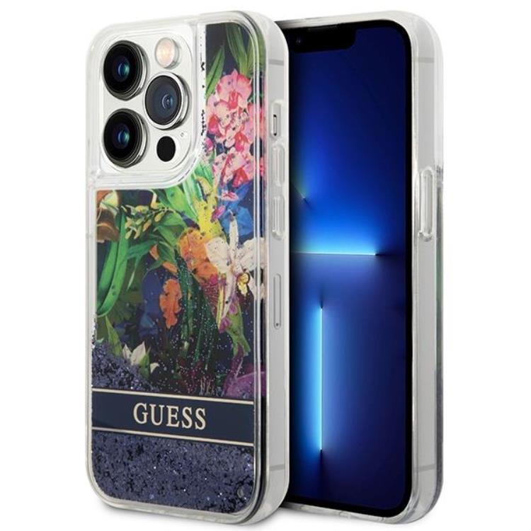 GUESS iPhone 14 Pro Skal Flower Liquid Glitter - Blå | 2353 | AlltMobil
