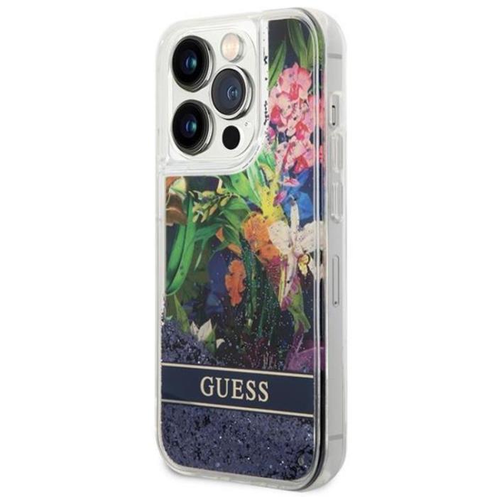 Guess - GUESS iPhone 14 Pro Skal Flower Liquid Glitter - Blå