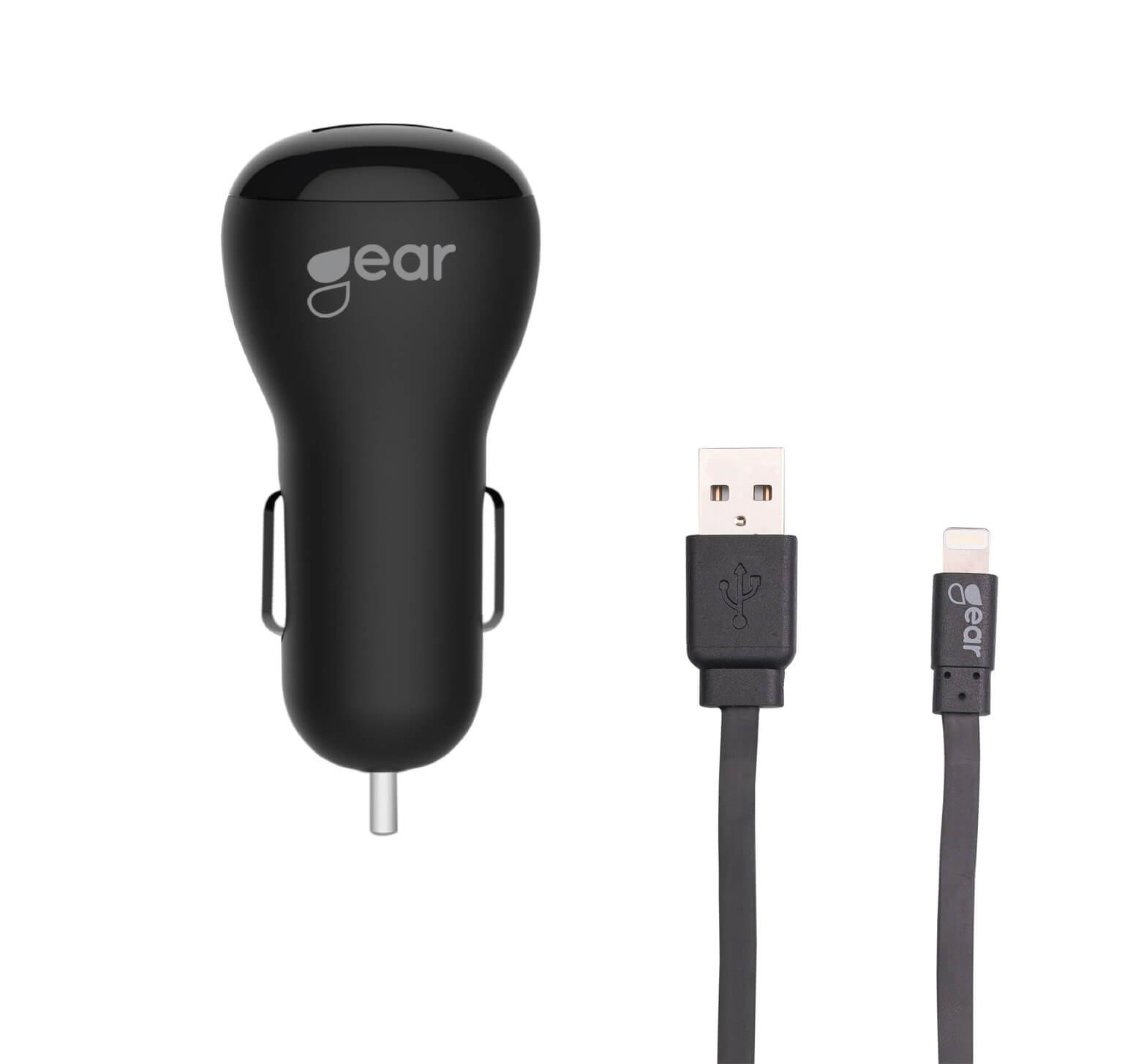 GEAR Laddare 12-24V 1xUSB 1A Lightning Kabel platt 1m MFI - Svart | 3541 | AlltMobil