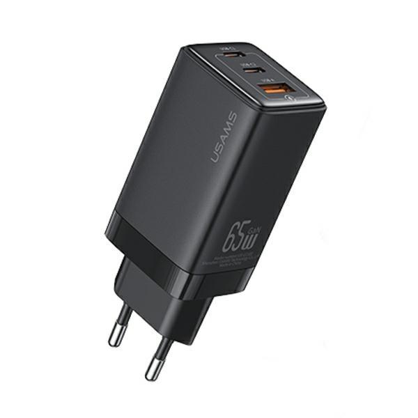 USAMS Väggladdare 2xUSB-C+1xUSB 65W GaN Sandru Series - Svart