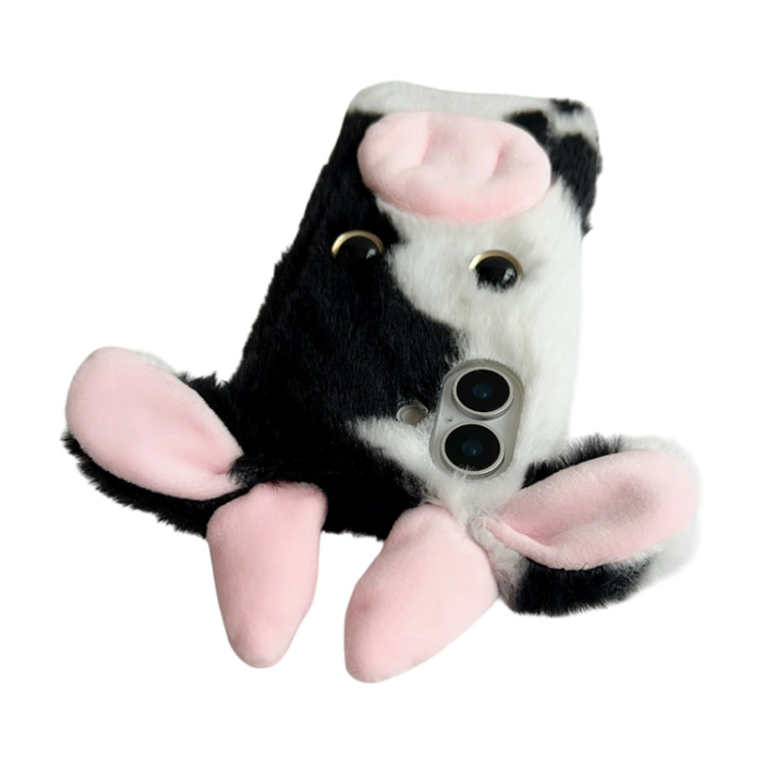 A-One Brand - iPhone 17 Mobilskal Fluffy Cute Cow Plush TPU - Rosa