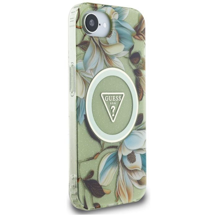 Guess - Guess iPhone 16e Mobilskal Magsafe Glitter Flower - Grön