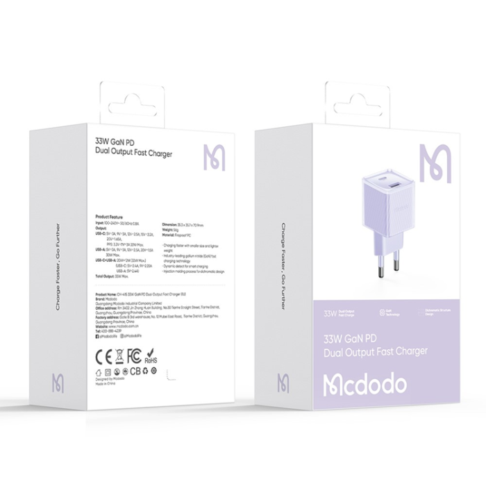 Mcdodo - MCDODO GaN Snabbladdare 33W USB-A - USB-C EU CH-415 - Lila