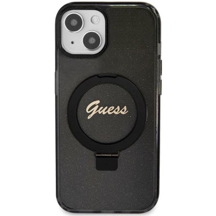Guess - Guess iPhone 15/14 Plus Mobilskal Magsafe Ringställ Script Glitter - Svart