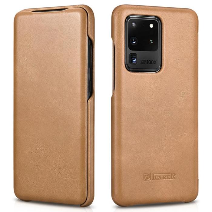 UTGATT1 - iCarer Galaxy S20 Ultra 4G/5G Fodral Vintage Äkta Läder - Guld