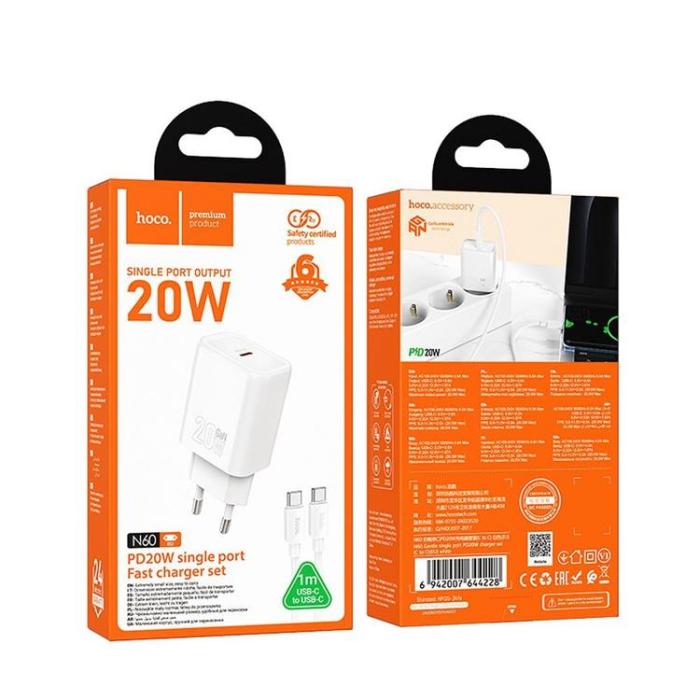 Hoco - HOCO Väggladdare USB-C 20W USB-C/Lightning Kabel PD QC N60 Vit