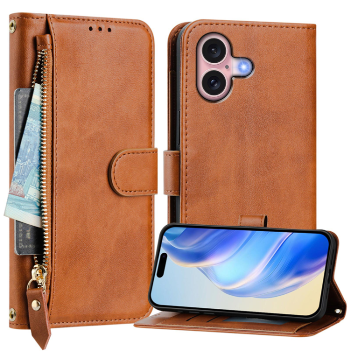 A-One Brand - iPhone 16 Plus Plånboksfodral Zipper Pocket Läder - Brun