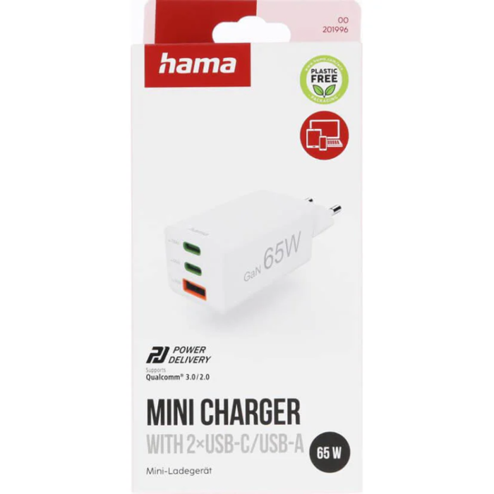 Hama - Hama Snabbladdare 65W 2xUSB-C 1xUSB-A GaN - Vit