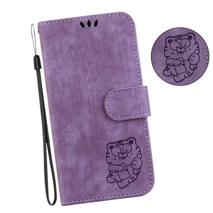 OEM - Samsung Galaxy S26 Fodral Tiger Präglat Äkta Läder Stöttåligt - Lila