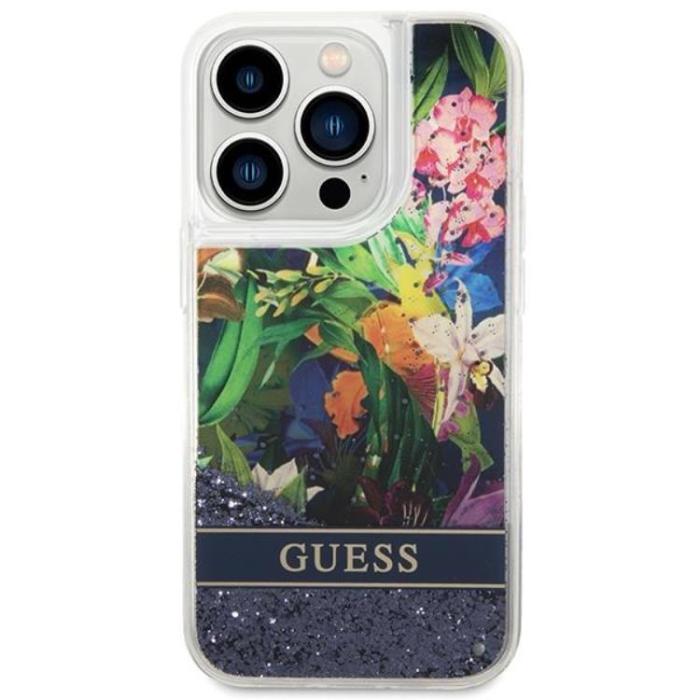 Guess - GUESS iPhone 14 Pro Skal Flower Liquid Glitter - Blå