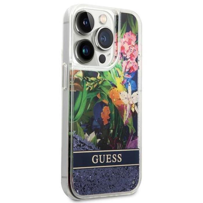 Guess - GUESS iPhone 14 Pro Skal Flower Liquid Glitter - Blå