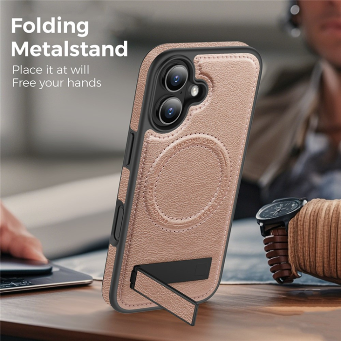 A-One Brand - iPhone 17 Mobilskal MagSafe Kickstand Läder - Roséguld