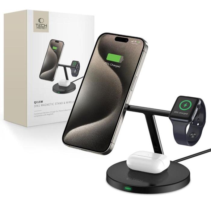 Tech-Protect - Tech-Protect 3-in-1 Trådlös Laddare Magsafe iPhone, Apple Watch, AirPods - Svart