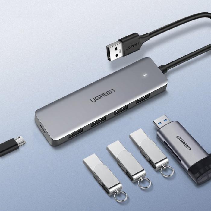 UTGATT1 - UGreen USB 4x USB 3.2 Gen 1 HUB / micro USB strömport Grå