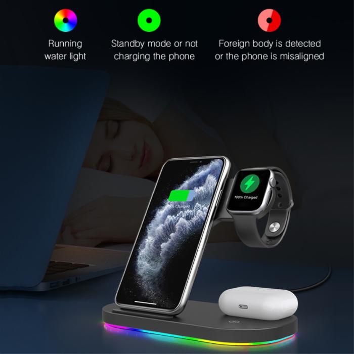 A-One Brand - 3in1 Qi 15W Trådlös laddare iPhone / Apple Watch / AirPods - Svart