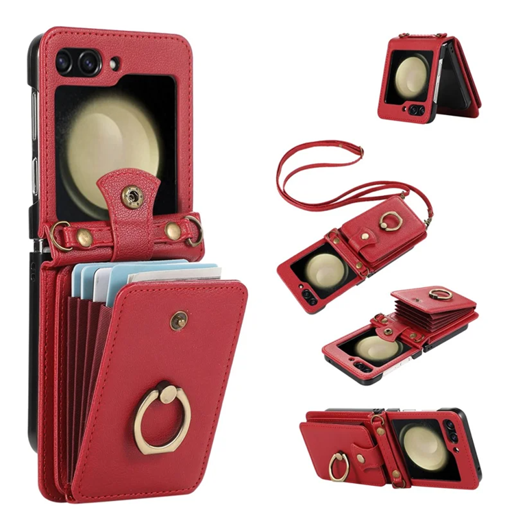 Galaxy Z Flip7 Plånboksfodral Ring Kickstand med Lång rem - Röd | 2353 | AlltMobil