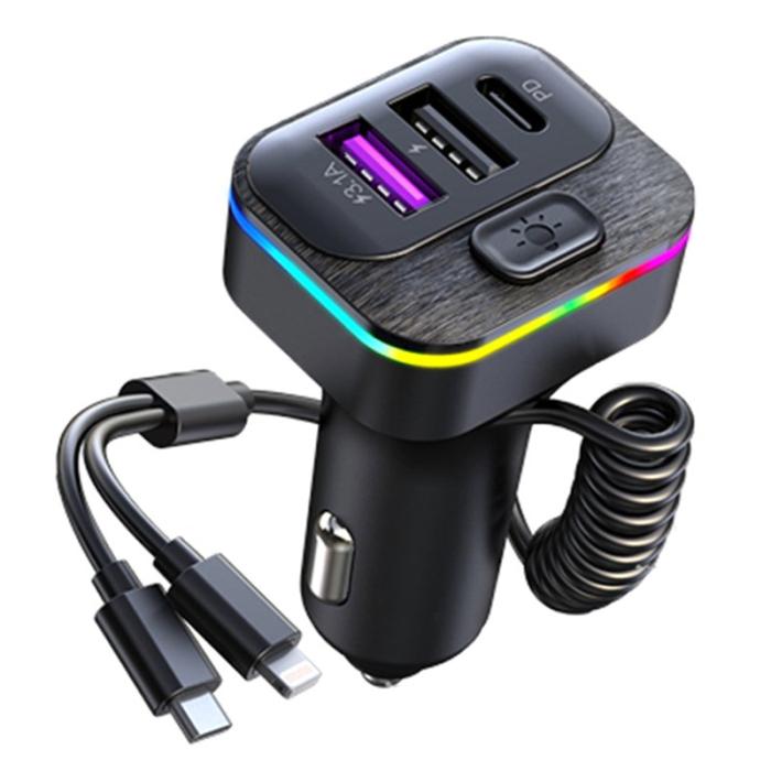 OEM - K12 Snabbladdare 2 USB + 1 Type-C PD Biladapter med Type-C / 8-Pins kabel