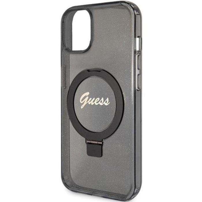 Guess - Guess iPhone 15/14 Plus Mobilskal Magsafe Ringställ Script Glitter - Svart