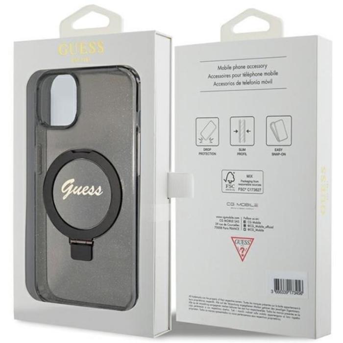 Guess - Guess iPhone 15/14 Plus Mobilskal Magsafe Ringställ Script Glitter - Svart