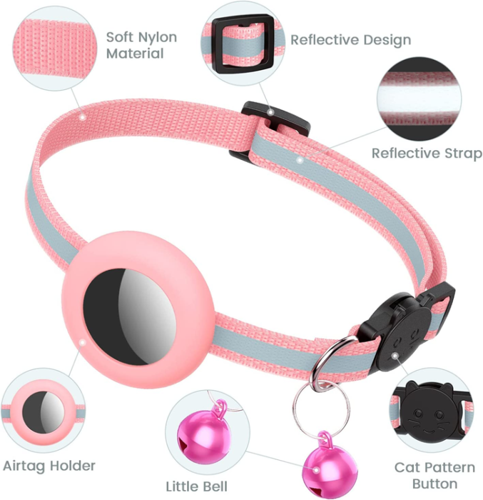 A-One Brand - Airtag Silikon Katthalsband med reflex och bjällra - Rosa