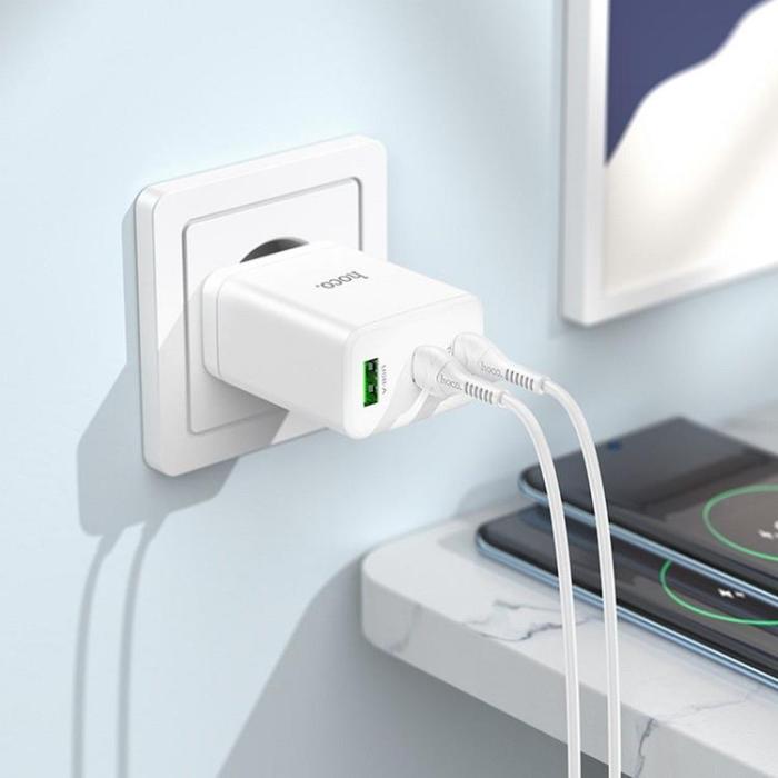 Hoco - Hoco Väggladdare 35W 2xType C + USB A med Typ-C Kabel 1m - Vit