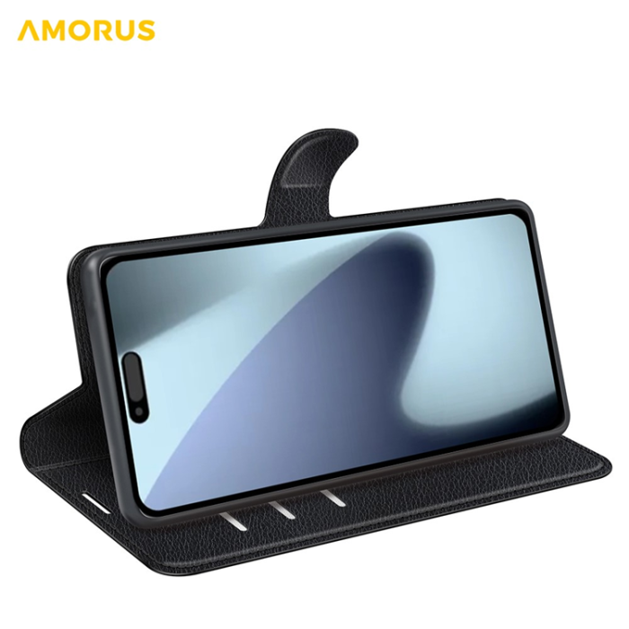 Amorus - AMORUS iPhone 17 Plånboksfodral Flipstativ Litchi - Svart
