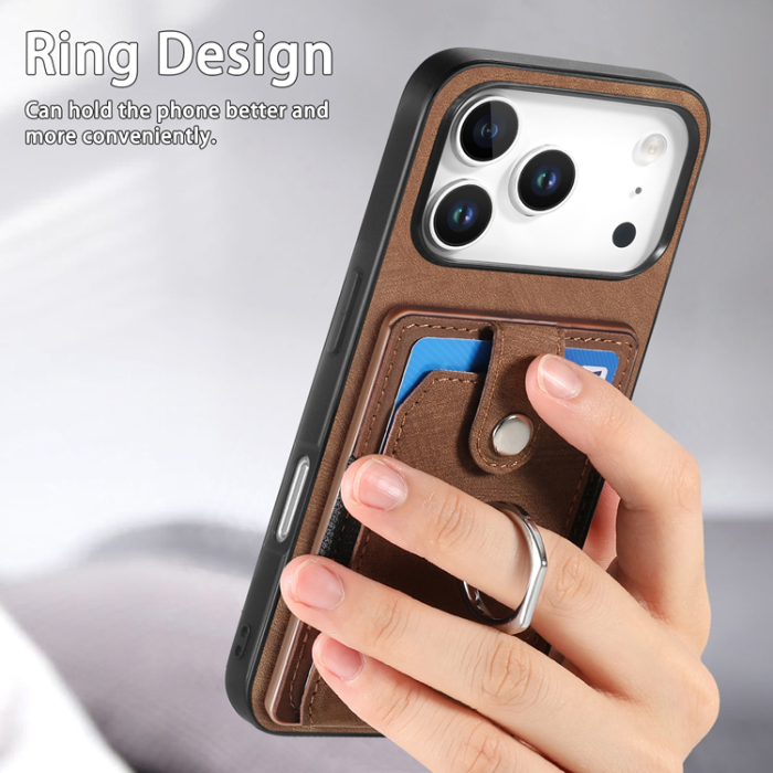 A-One Brand - iPhone 17 Pro Mobilskal med Korthållare Läder Kickstand - Brun