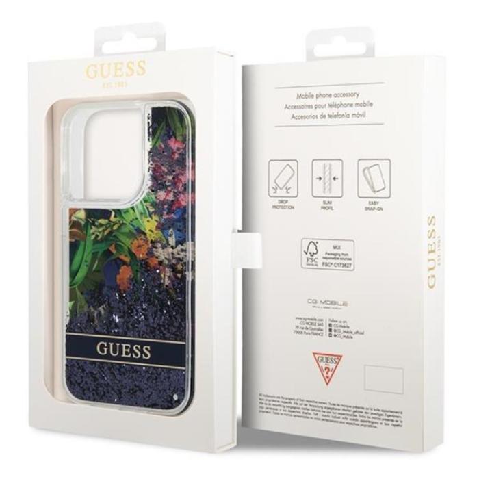 Guess - GUESS iPhone 14 Pro Skal Flower Liquid Glitter - Blå