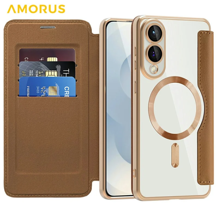 Amorus - Amorus Galaxy S25 Edge Plånboksfodral Magsafe RFID - Brun
