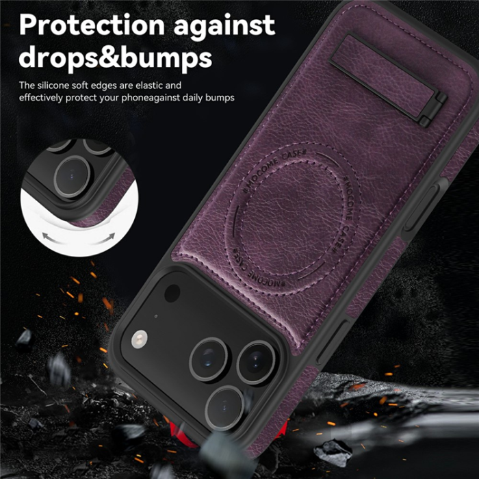A-One Brand - iPhone 17 Pro Mobilskal MagSafe Kickstand Läder - Mörklila
