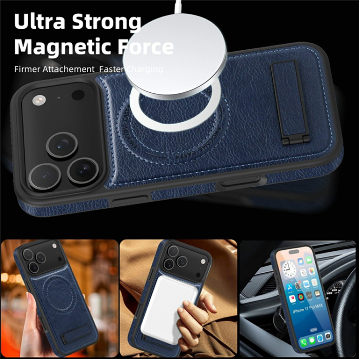 A-One Brand - iPhone 17 Pro Mobilskal MagSafe Kickstand Läder - Sapphire