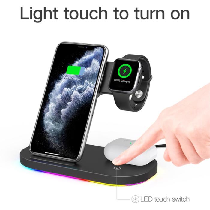 A-One Brand - 3in1 Qi 15W Trådlös laddare iPhone / Apple Watch / AirPods - Svart