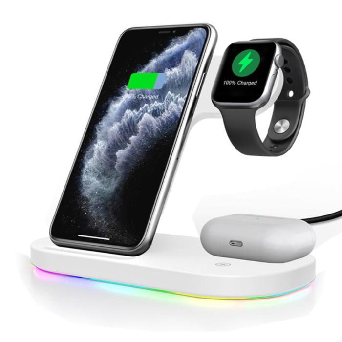 A-One Brand - 3-in-1 Trådlös laddare iPhone, Apple Watch, AirPods Qi 15W - Vit