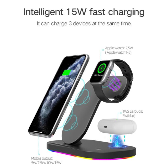 A-One Brand - 3in1 Qi 15W Trådlös laddare iPhone / Apple Watch / AirPods - Svart