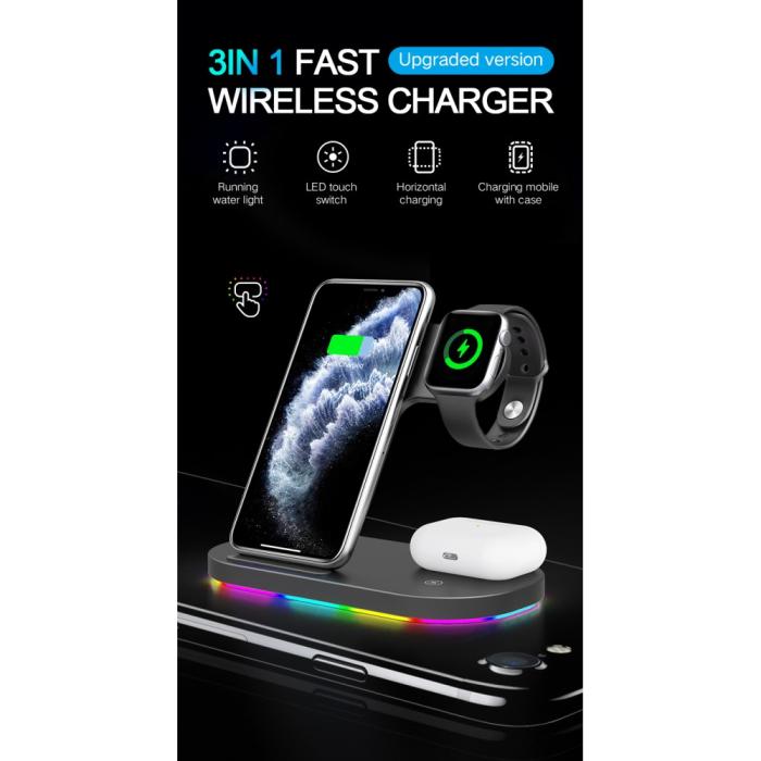 A-One Brand - 3in1 Qi 15W Trådlös laddare iPhone / Apple Watch / AirPods - Svart